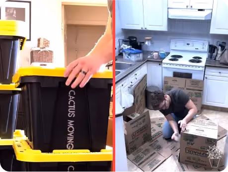 Customer packs plastic moving bins on the left and cardboard boxes on the right