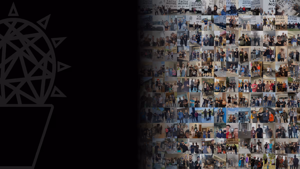 A wall of photographs of Cactus Moving customers and crews on moving day