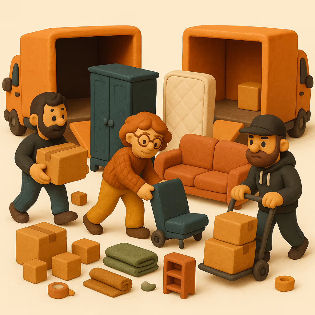 Clay-style illustration of a four-bedroom-plus house or basement suite move in Northwest Calgary: the crew, the truck and the boxes a job this size typically takes.