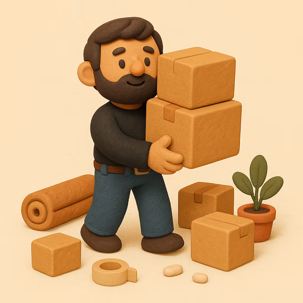Clay-style illustration of a one-bedroom apartment or condo move in Northwest Calgary: the crew, the truck and the boxes a job this size typically takes.