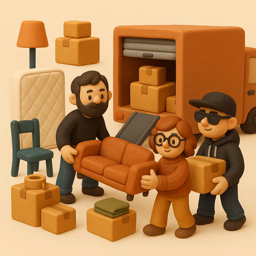 Clay-style illustration of a three-bedroom move in Hidden Valley: the crew, the truck and the boxes a job this size typically takes.