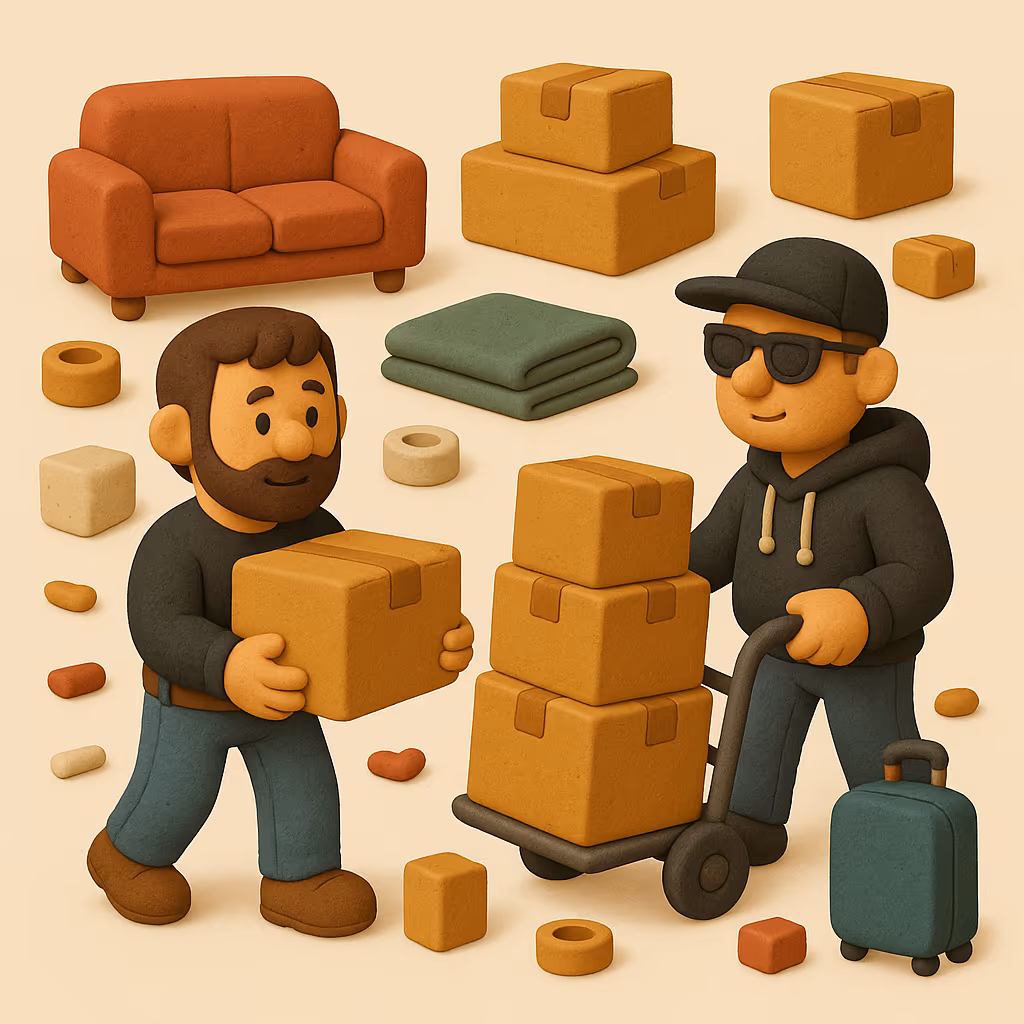 Clay-style illustration of a two-bedroom apartment or condo move in Northwest Calgary: the crew, the truck and the boxes a job this size typically takes.