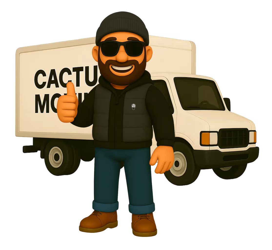 Happy mover in front of a truck